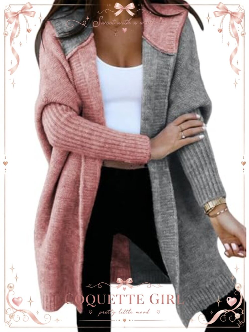 Open Front Hooded Knit Cardigan Long Sleeve Color Block Oversized Sweater Coat